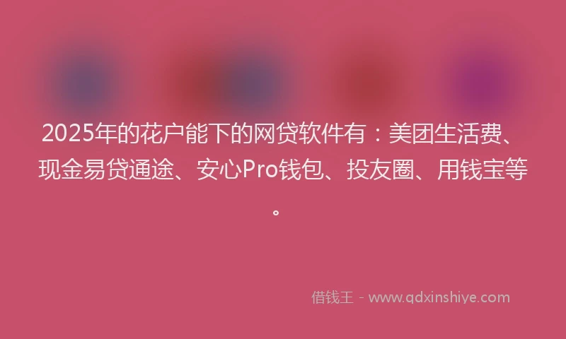 2025年的花户能下的网贷软件有：美团生活费、现金易贷通途、安心Pro钱包、投友圈、用钱宝等。