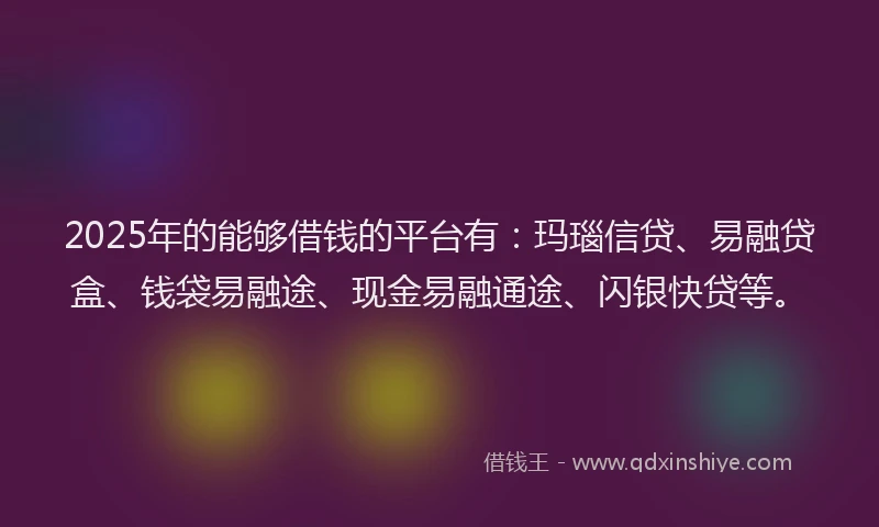 2025年的能够借钱的平台有：玛瑙信贷、易融贷盒、钱袋易融途、现金易融通途、闪银快贷等。