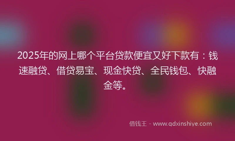 2025年的网上哪个平台贷款便宜又好下款有：钱速融贷、借贷易宝、现金快贷、全民钱包、快融金等。