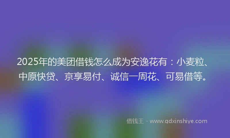 2025年的美团借钱怎么成为安逸花有：小麦粒、中原快贷、京享易付、诚信一周花、可易借等。