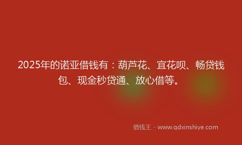 2025年的诺亚借钱有：葫芦花、宜花呗、畅贷钱包、现金秒贷通、放心借等。