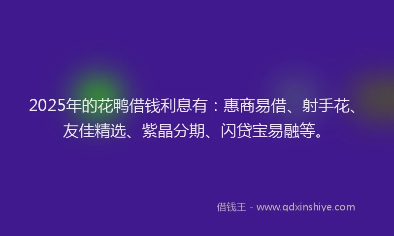 2025年的花鸭借钱利息有：惠商易借、射手花、友佳精选、紫晶分期、闪贷宝易融等。