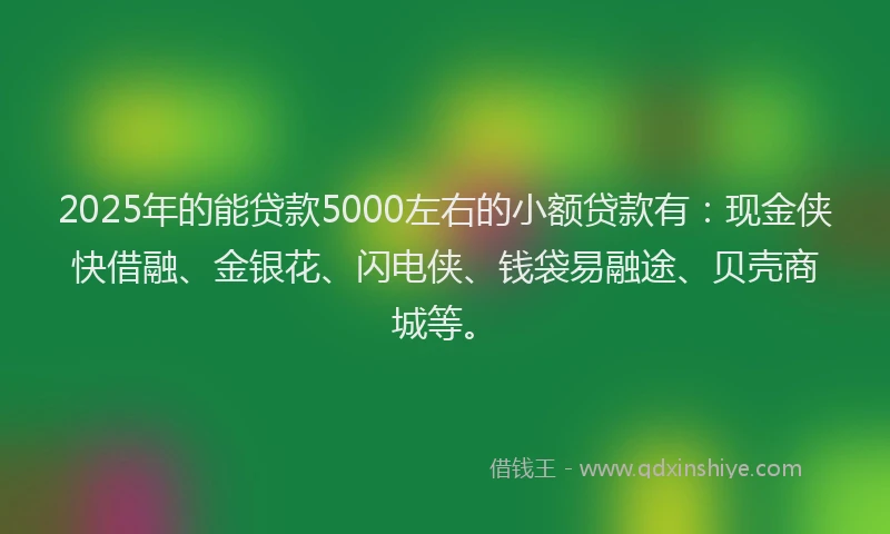 2025年的能贷款5000左右的小额贷款有：现金侠快借融、金银花、闪电侠、钱袋易融途、贝壳商城等。
