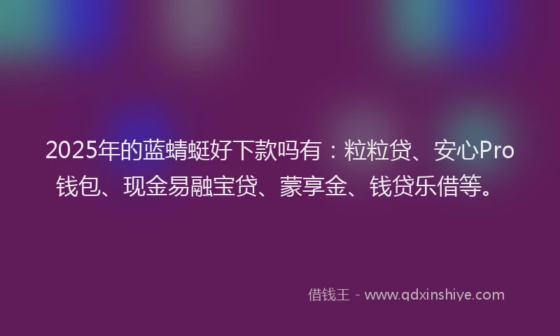 2025年的蓝蜻蜓好下款吗有：粒粒贷、安心Pro钱包、现金易融宝贷、蒙享金、钱贷乐借等。