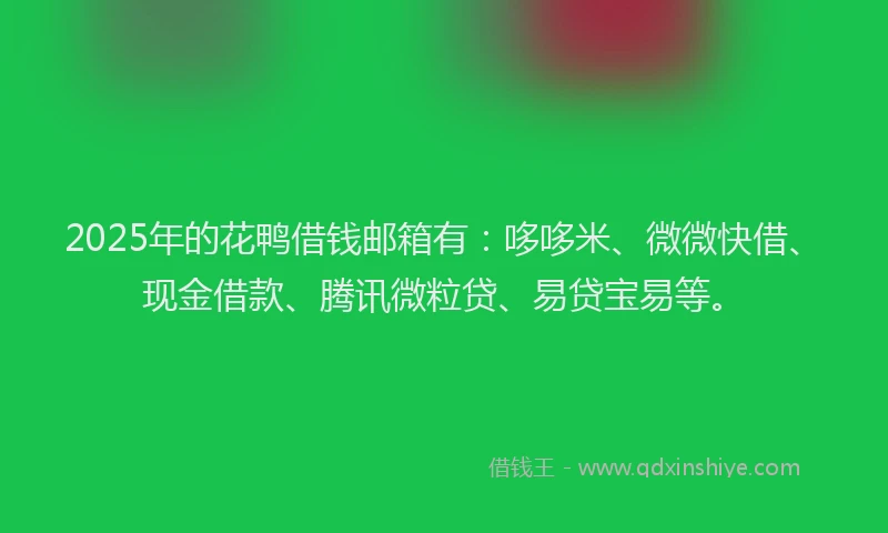 2025年的花鸭借钱邮箱有：哆哆米、微微快借、现金借款、腾讯微粒贷、易贷宝易等。