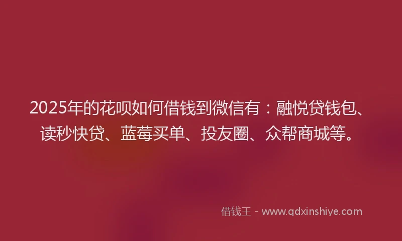2025年的花呗如何借钱到微信有:融悦贷钱包、读秒快贷、蓝莓买单、投友圈、众帮商城等。