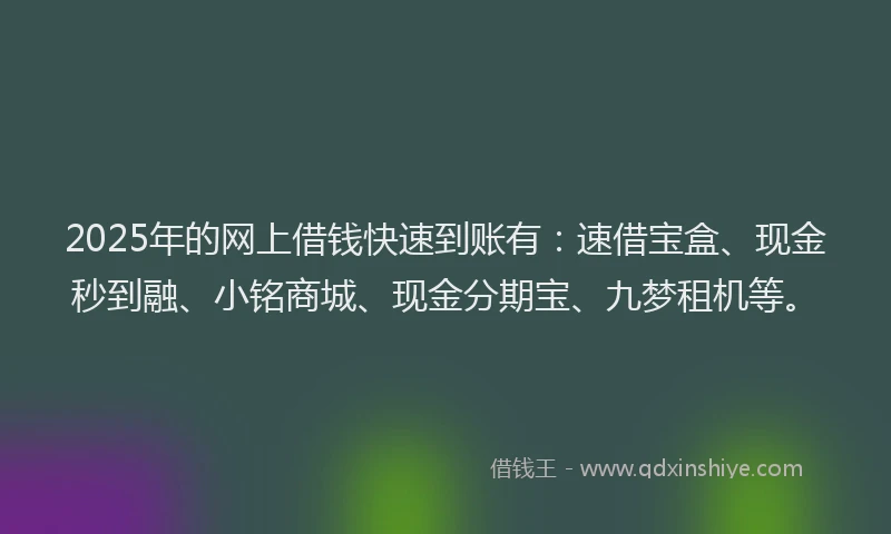 2025年的网上借钱快速到账有:速借宝盒、现金秒到融、小铭商城、现金分期宝、九梦租机等。