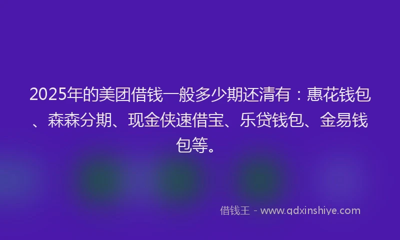 2025年的美团借钱一般多少期还清有：惠花钱包、森森分期、现金侠速借宝、乐贷钱包、金易钱包等。