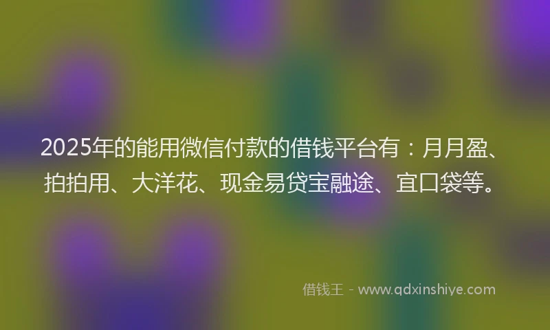 2025年的能用微信付款的借钱平台有：月月盈、拍拍用、大洋花、现金易贷宝融途、宜口袋等。