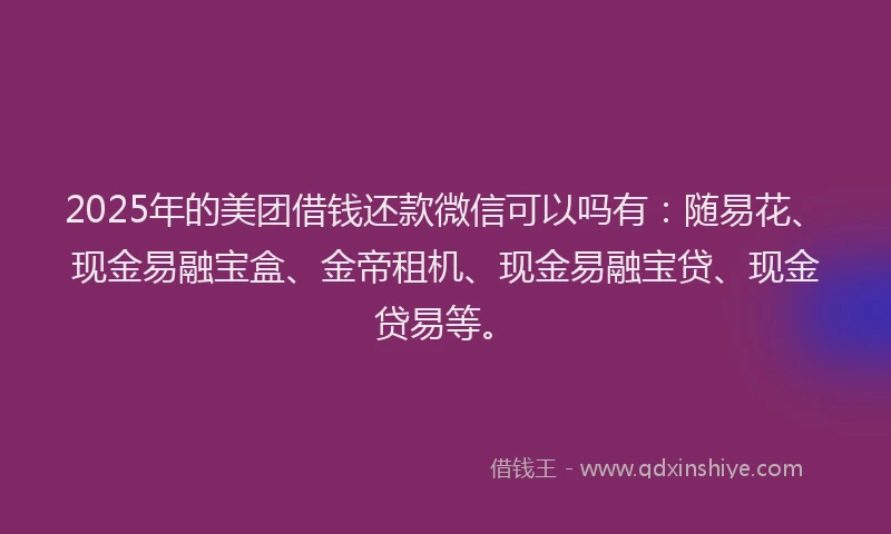 2025年的美团借钱还款微信可以吗有：随易花、现金易融宝盒、金帝租机、现金易融宝贷、现金贷易等。