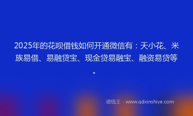 2025年的花呗借钱如何开通微信有：天小花、米族易借、易融贷宝、现金贷易融宝、融资易贷等。