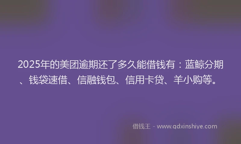 2025年的美团逾期还了多久能借钱有：蓝鲸分期、钱袋速借、信融钱包、信用卡贷、羊小购等。