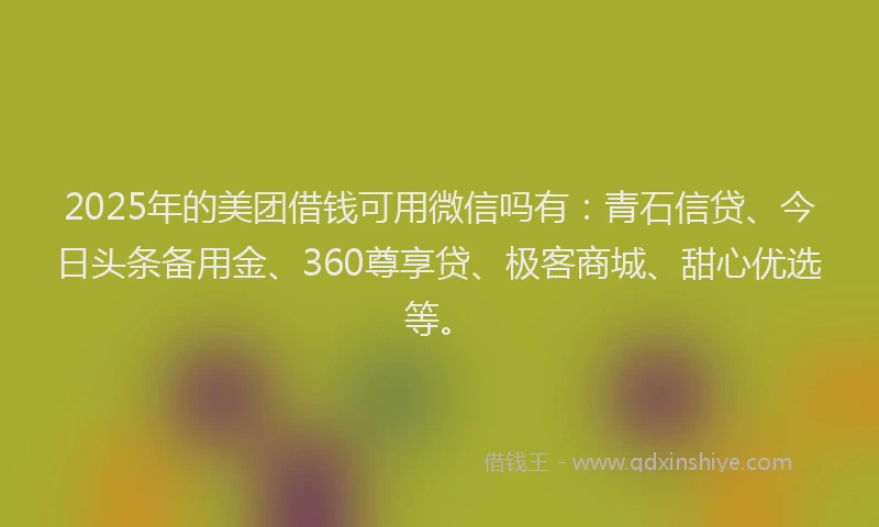 2025年的美团借钱可用微信吗有：青石信贷、今日头条备用金、360尊享贷、极客商城、甜心优选等。