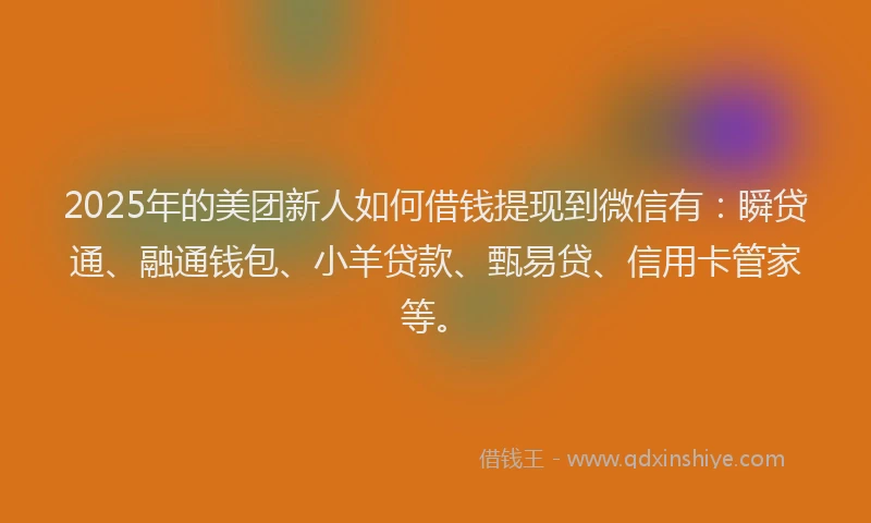 2025年的美团新人如何借钱提现到微信有：瞬贷通、融通钱包、小羊贷款、甄易贷、信用卡管家等。