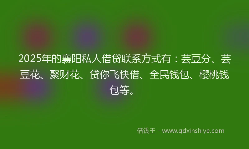 2025年的襄阳私人借贷联系方式有：芸豆分、芸豆花、聚财花、贷你飞快借、全民钱包、樱桃钱包等。