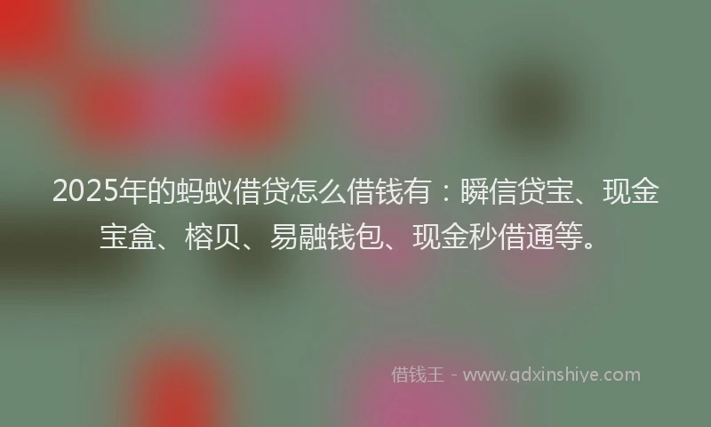 2025年的蚂蚁借贷怎么借钱有：瞬信贷宝、现金宝盒、榕贝、易融钱包、现金秒借通等。