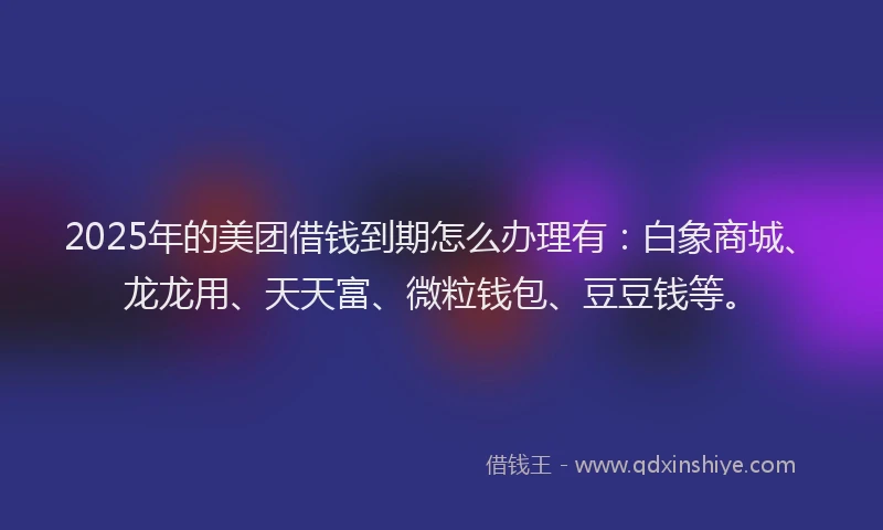 2025年的美团借钱到期怎么办理有：白象商城、龙龙用、天天富、微粒钱包、豆豆钱等。