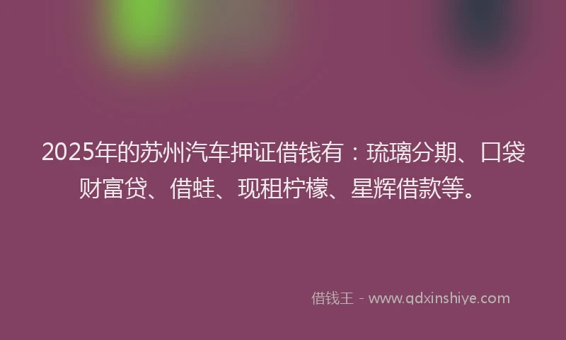 2025年的苏州汽车押证借钱有：琉璃分期、口袋财富贷、借蛙、现租柠檬、星辉借款等。