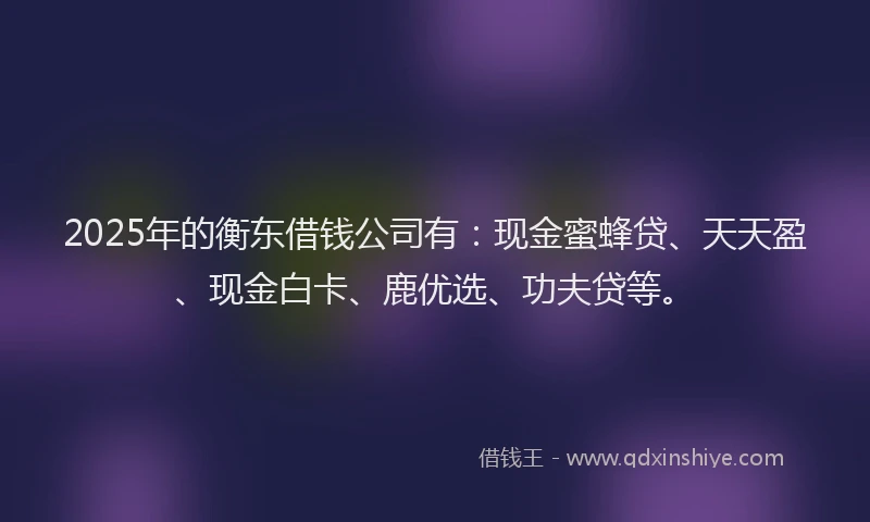 2025年的衡东借钱公司有：现金蜜蜂贷、天天盈、现金白卡、鹿优选、功夫贷等。