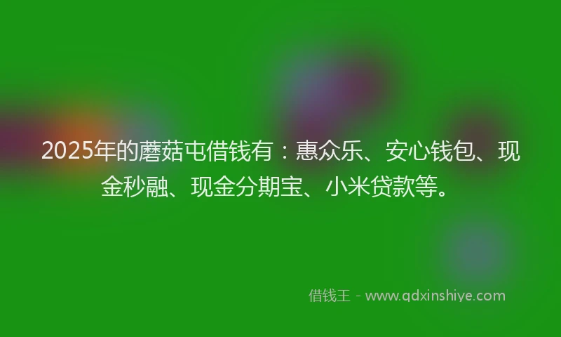 2025年的蘑菇屯借钱有：惠众乐、安心钱包、现金秒融、现金分期宝、小米贷款等。