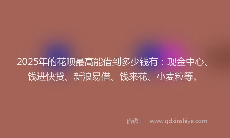 2025年的花呗最高能借到多少钱有：现金中心、钱进快贷、新浪易借、钱来花、小麦粒等。
