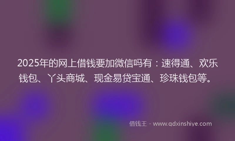 2025年的网上借钱要加微信吗有：速得通、欢乐钱包、丫头商城、现金易贷宝通、珍珠钱包等。
