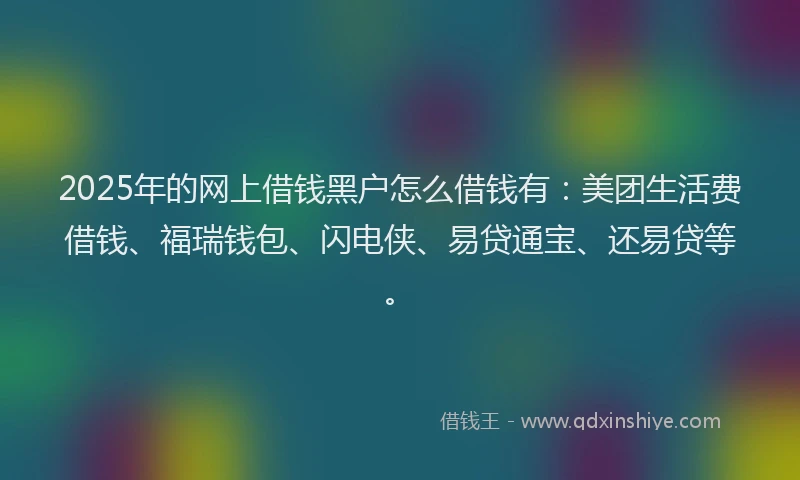 2025年的网上借钱黑户怎么借钱有：美团生活费借钱、福瑞钱包、闪电侠、易贷通宝、还易贷等。