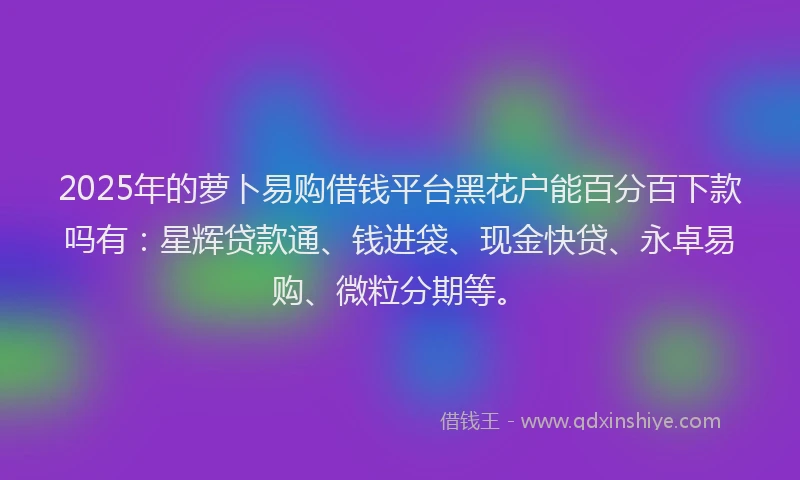 2025年的萝卜易购借钱平台黑花户能百分百下款吗有：星辉贷款通、钱进袋、现金快贷、永卓易购、微粒分期等。