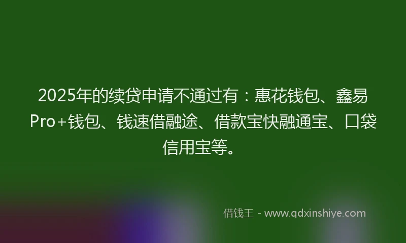 2025年的续贷申请不通过有：惠花钱包、鑫易Pro+钱包、钱速借融途、借款宝快融通宝、口袋信用宝等。