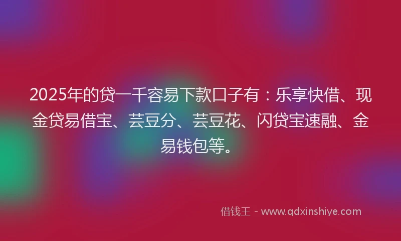 2025年的贷一千容易下款口子有：乐享快借、现金贷易借宝、芸豆分、芸豆花、闪贷宝速融、金易钱包等。