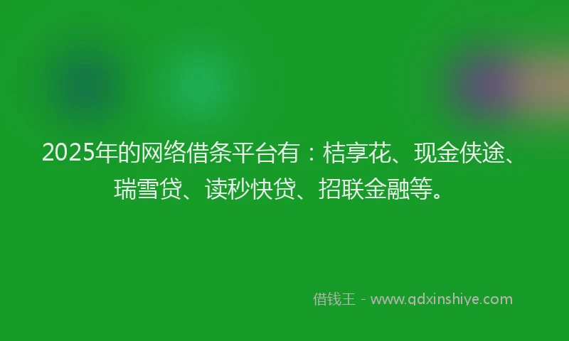 2025年的网络借条平台有：桔享花、现金侠途、瑞雪贷、读秒快贷、招联金融等。