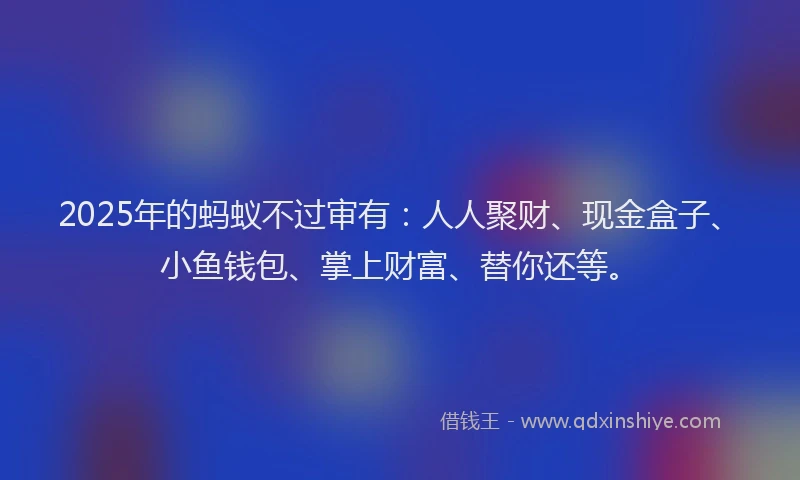 2025年的蚂蚁不过审有：人人聚财、现金盒子、小鱼钱包、掌上财富、替你还等。