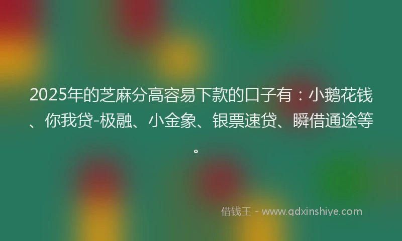 2025年的芝麻分高容易下款的口子有：小鹅花钱、你我贷-极融、小金象、银票速贷、瞬借通途等。