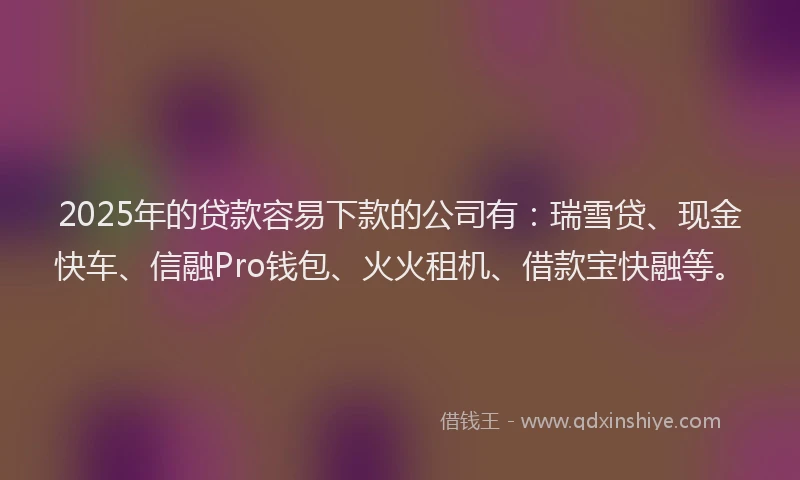 2025年的贷款容易下款的公司有：瑞雪贷、现金快车、信融Pro钱包、火火租机、借款宝快融等。