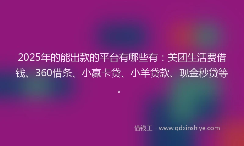 2025年的能出款的平台有哪些有：美团生活费借钱、360借条、小赢卡贷、小羊贷款、现金秒贷等。