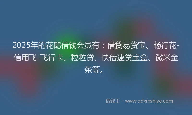 2025年的花鹅借钱会员有：借贷易贷宝、畅行花-信用飞-飞行卡、粒粒贷、快借速贷宝盒、微米金条等。