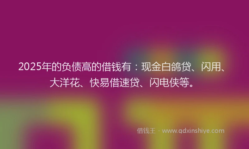 2025年的负债高的借钱有：现金白鸽贷、闪用、大洋花、快易借速贷、闪电侠等。