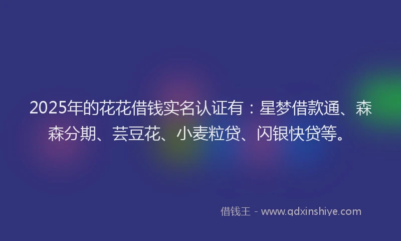 2025年的花花借钱实名认证有：星梦借款通、森森分期、芸豆花、小麦粒贷、闪银快贷等。