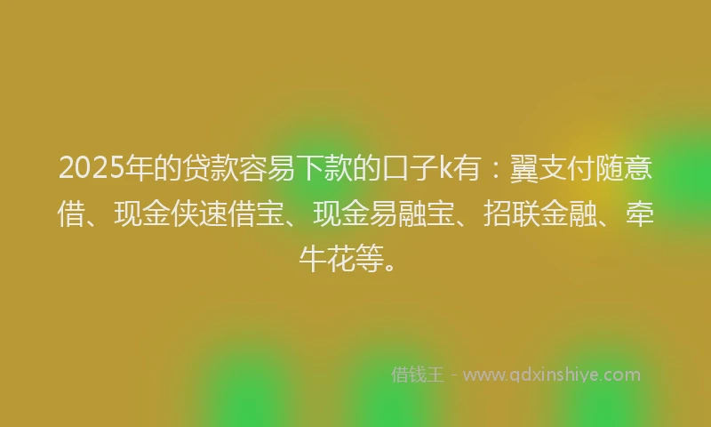 2025年的贷款容易下款的口子k有：翼支付随意借、现金侠速借宝、现金易融宝、招联金融、牵牛花等。
