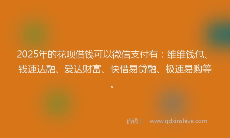 2025年的花呗借钱可以微信支付有：维维钱包、钱速达融、爱达财富、快借易贷融、极速易购等。