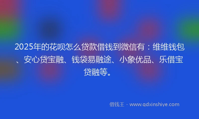 2025年的花呗怎么贷款借钱到微信有：维维钱包、安心贷宝融、钱袋易融途、小象优品、乐借宝贷融等。