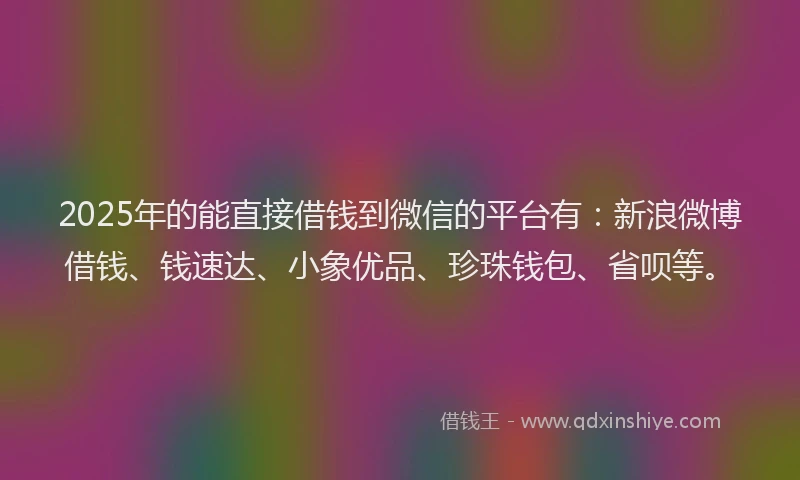 2025年的能直接借钱到微信的平台有：新浪微博借钱、钱速达、小象优品、珍珠钱包、省呗等。