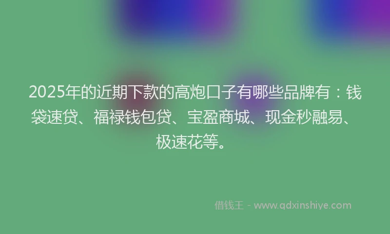 2025年的近期下款的高炮口子有哪些品牌有：钱袋速贷、福禄钱包贷、宝盈商城、现金秒融易、极速花等。