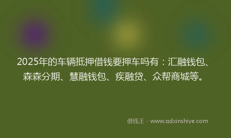 2025年的车辆抵押借钱要押车吗有：汇融钱包、森森分期、慧融钱包、疾融贷、众帮商城等。