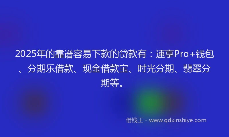 2025年的靠谱容易下款的贷款有：速享Pro+钱包、分期乐借款、现金借款宝、时光分期、翡翠分期等。