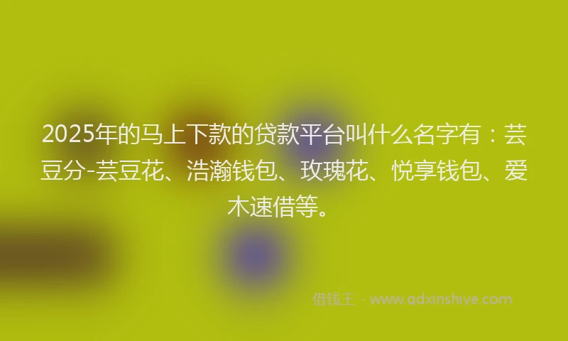 2025年的马上下款的贷款平台叫什么名字有：芸豆分-芸豆花、浩瀚钱包、玫瑰花、悦享钱包、爱木速借等。