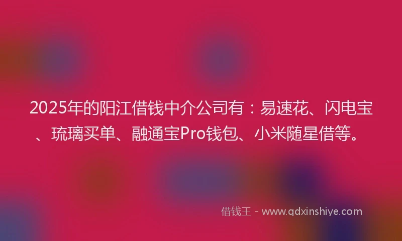 2025年的阳江借钱中介公司有：易速花、闪电宝、琉璃买单、融通宝Pro钱包、小米随星借等。