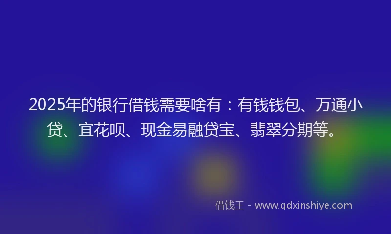 2025年的银行借钱需要啥有：有钱钱包、万通小贷、宜花呗、现金易融贷宝、翡翠分期等。