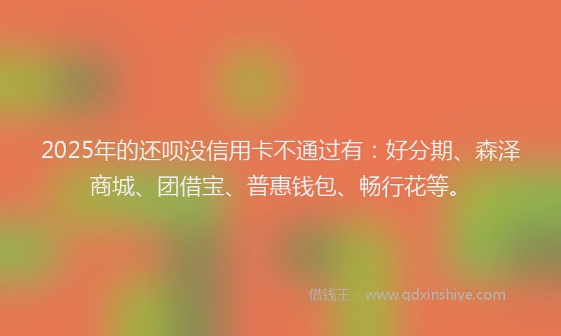 2025年的还呗没信用卡不通过有：好分期、森泽商城、团借宝、普惠钱包、畅行花等。