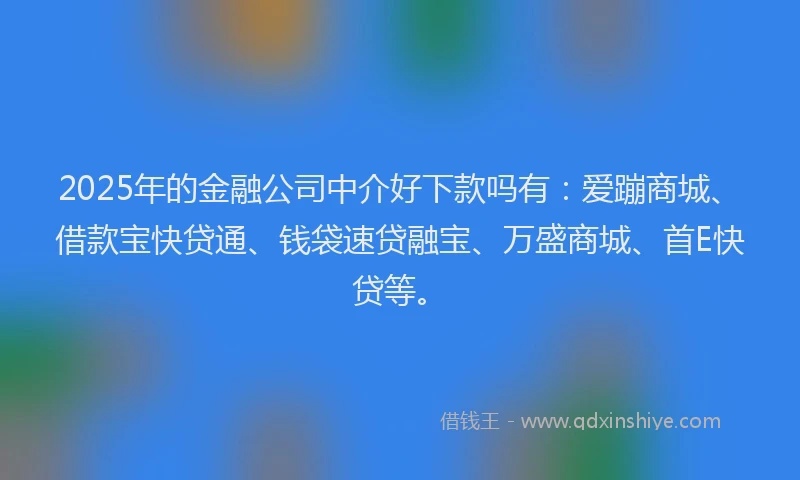 2025年的金融公司中介好下款吗有：爱蹦商城、借款宝快贷通、钱袋速贷融宝、万盛商城、首E快贷等。